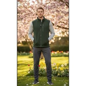 L.L Bean Men Green Full Zip Polar Fleece Vest Sz M Gorpcore Mock Neck Dadcore